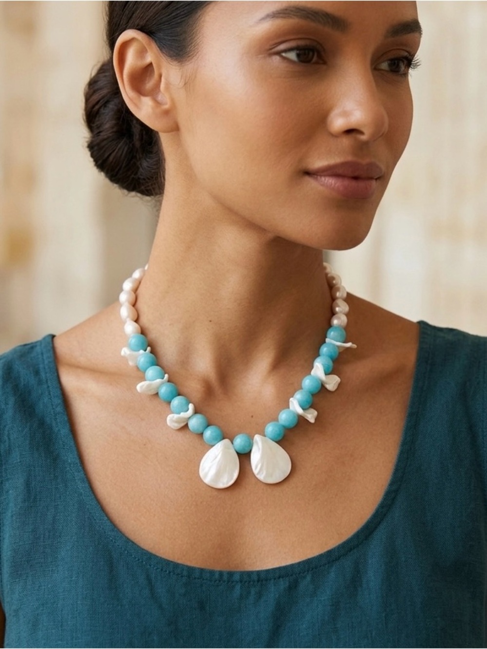 NEW Mary Kent Designs Blue Howlite, Pearl & Mother of Pearl Shell Necklace, 18”